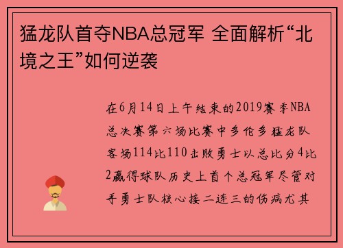 猛龙队首夺NBA总冠军 全面解析“北境之王”如何逆袭