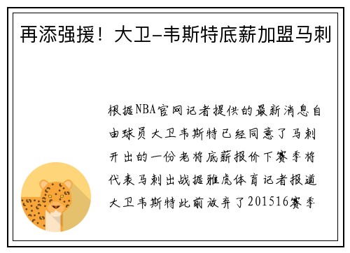 再添强援！大卫-韦斯特底薪加盟马刺